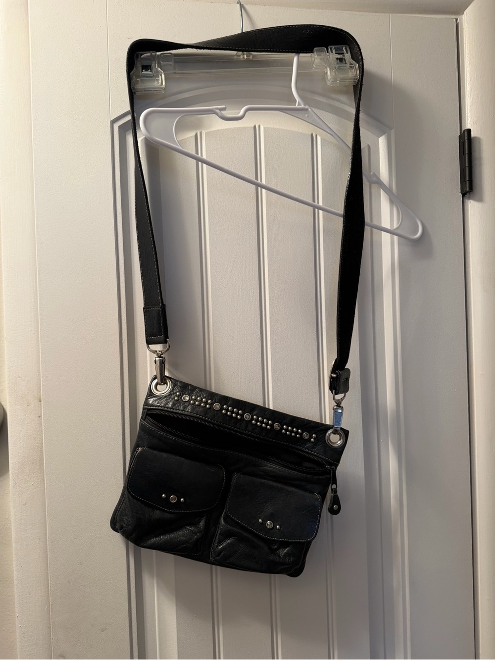 Black Studded Crossbody Shoulder Bag Y2K rhinestones pebbled leather